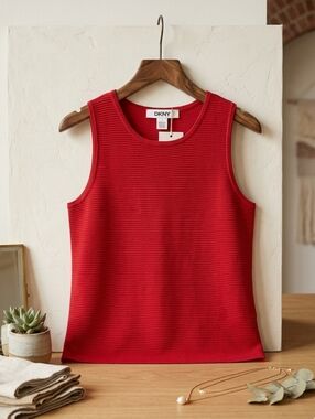 DKNY Womens Red Classic Tank Top Ruched Stretch Sleeveless Scoop Neck Blouse NWT